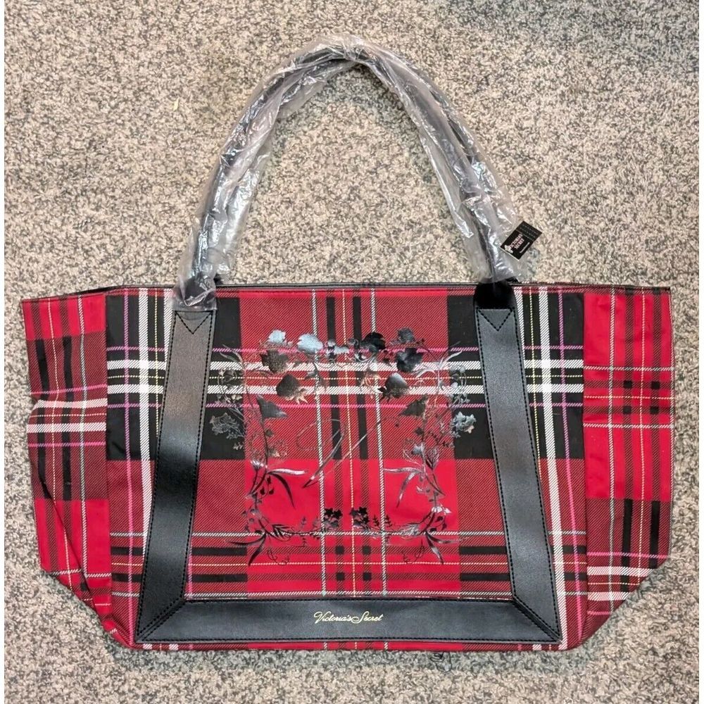 Victoria's Secret Red & Black Plaid Floral Design Limited Edition Tote Bag NWT